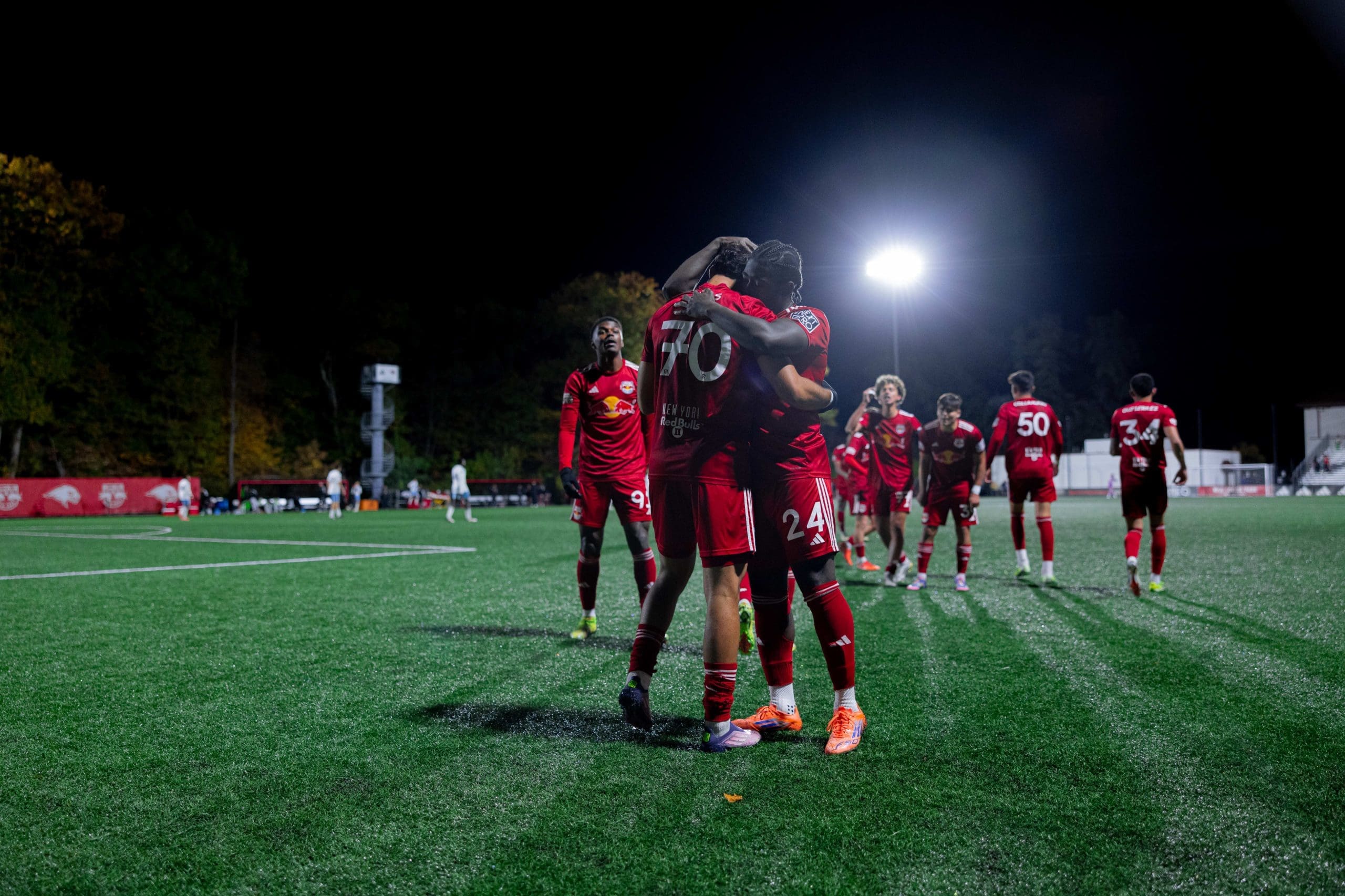 Andy Rojas celebrates his goal in the Eeastern Conference Semi-Finals of MLS Next Pro. Mandatory credit: New York Red Bulls 2.