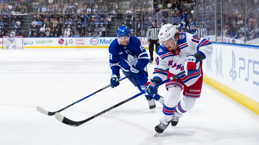 10/16/2025 Scotiabank Arena, Toronto, ON. Artemi Panarin skates with the puck. Mandatory credit: New York Rangers