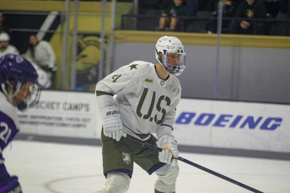 Army West Point defenseman Ben Ivey (#4) in defensive position during the Black Knights' 5-2 win over Holy Cross at Tate Rink on October 24, 2025