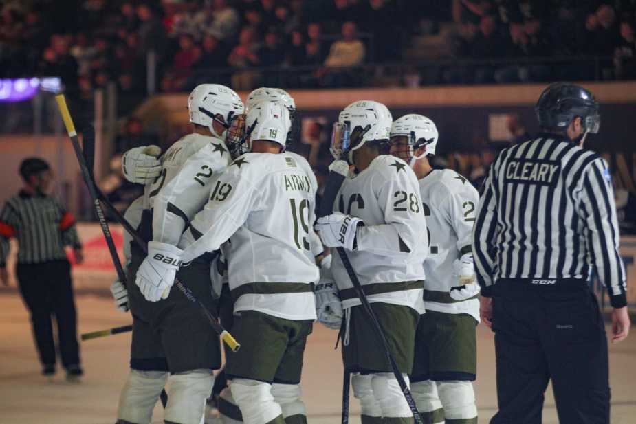 Army West Point hockey players celebrate goal during their 5-2 victory over Holy Cross at Tate Rink on October 24, 2025
