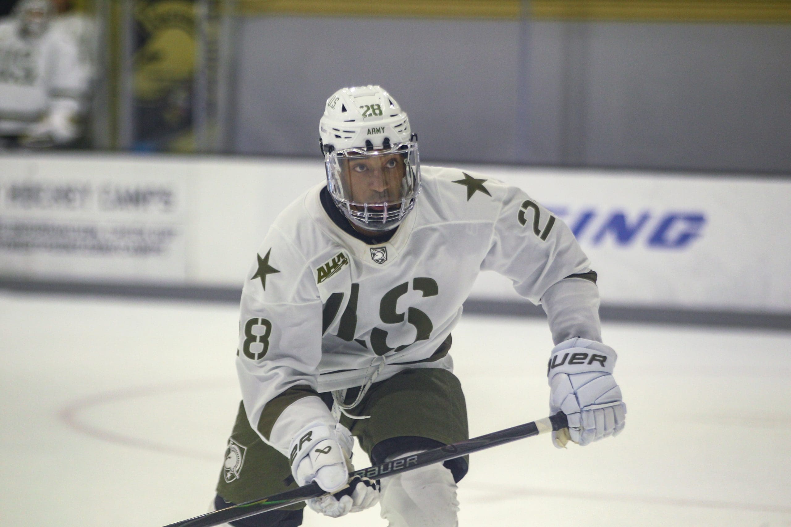 Army West Point forward Brent Keefer (#28) skates during the Black Knights' 5-2 victory over Holy Cross at Tate Rink on October 24, 2025