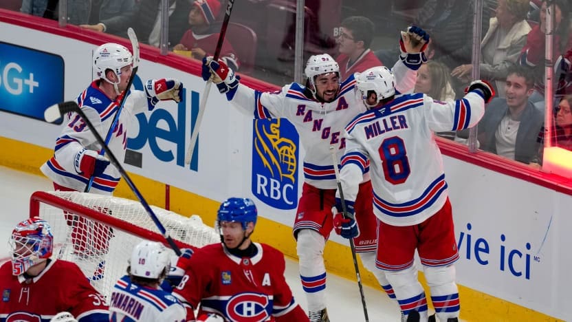 10/18/2025 Bell Centre, Montreal, QC, Mika Zibanejad celebrates the power play goal Mandatory Credit: New York Rangers