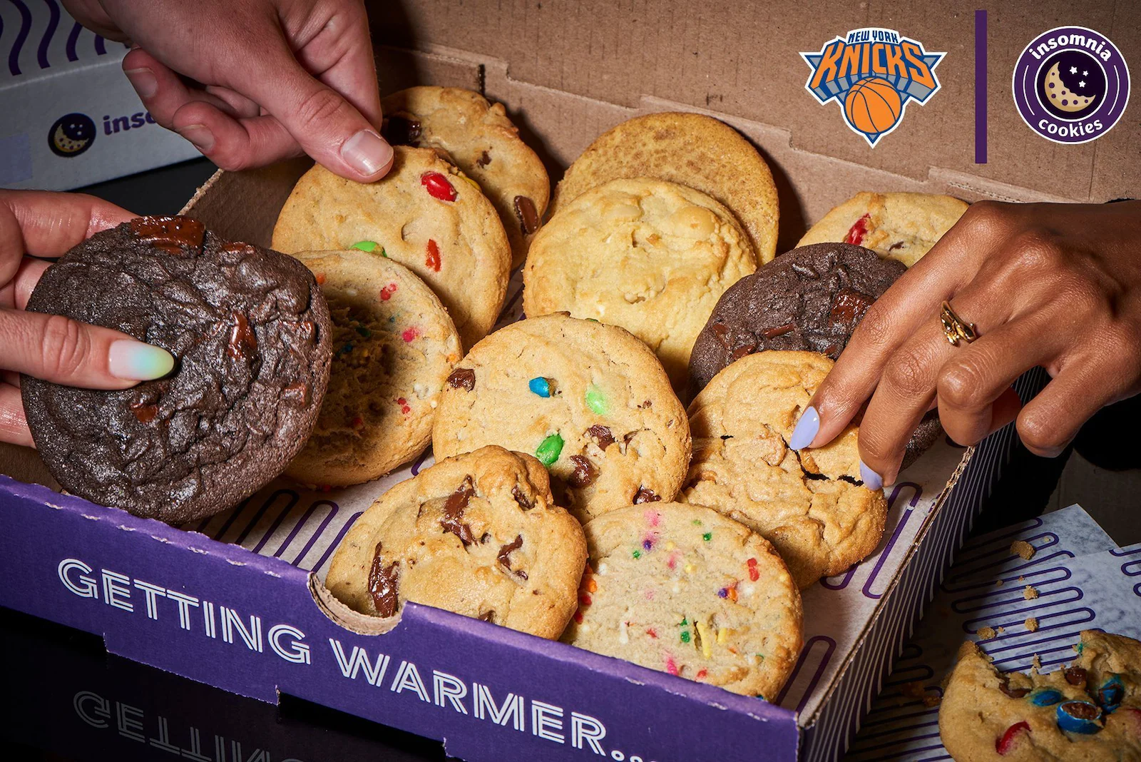Insomnia Cookies products including warm chocolate chip cookies and ice cream desserts displayed with New York Knicks branding