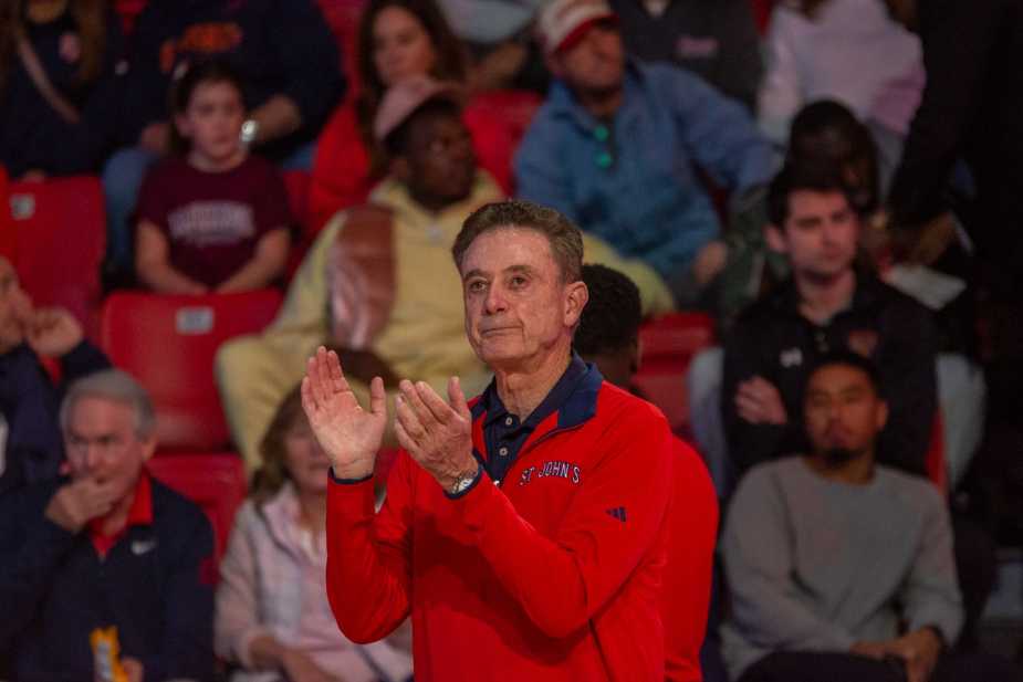 St. John's Red Storm Head Coach Rick Pitino watches from the sideline during the exhibition game against Towson at Carnesecca Arena. Pitino's championship-level coaching and adjustments were instrumental in St. John's' dominant second-half comeback.