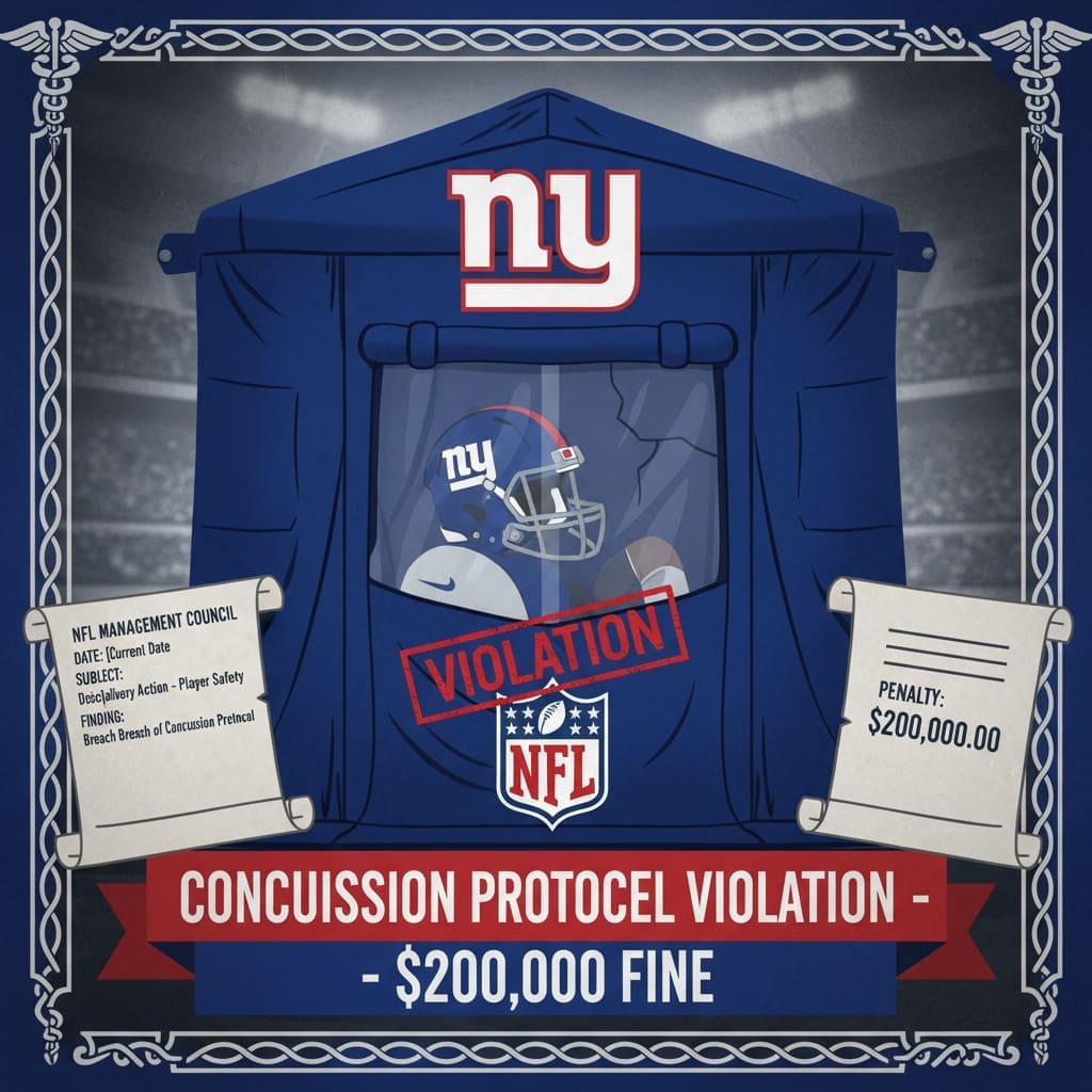 New York Giants and NFL logos with blue medical tent depicting concussion protocol violation and $315,000 in fines assessed against team, head coach Brian Daboll, and running back Cam Skattebo