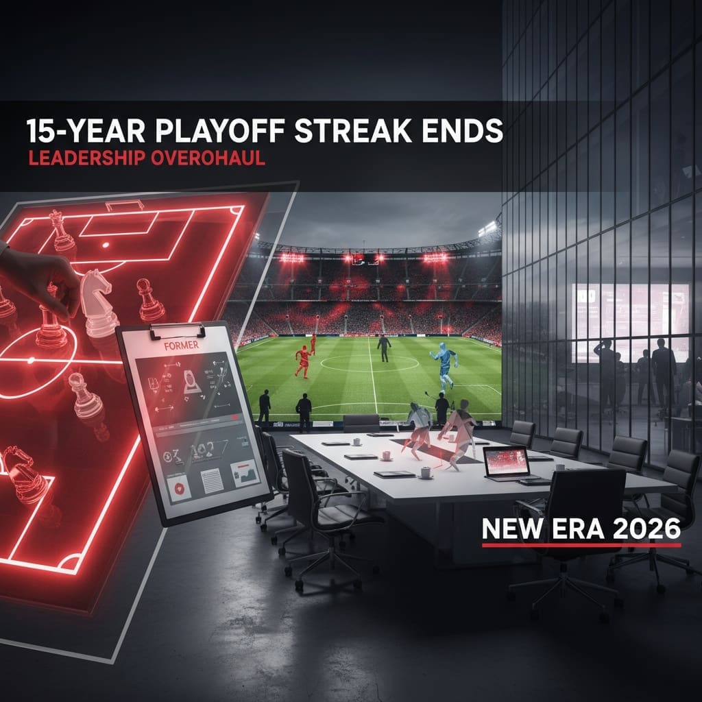 Professional sports journalism graphic depicting New York Red Bulls major leadership transition with tactical board, chess pieces, and stadium elements representing organizational change and the end of historic 15-year playoff streak