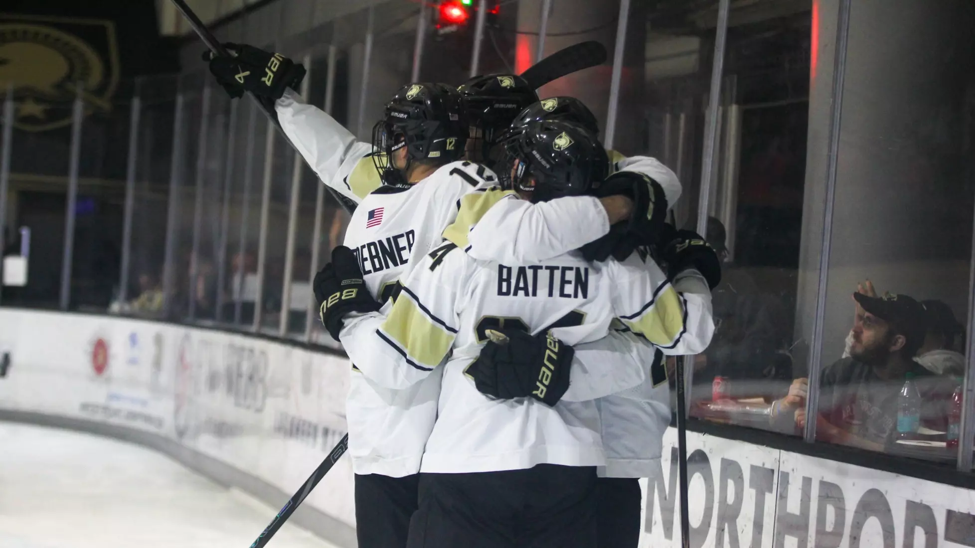 Army West Point hockey players celebrate a goal during their 6-1 victory over Stonehill at Tate Rink in the 2025-26 home opener on October 12, 2025