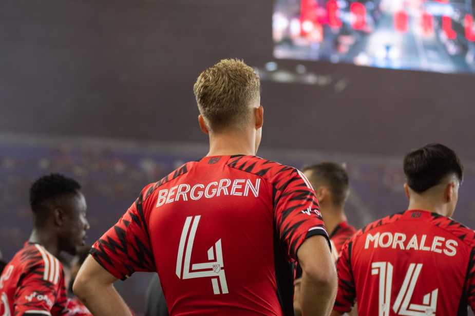 New York Red Bulls midfielder Gustav Berggren (#4) and teammate Marcelo Morales (#14) stand on the field before kickoff against FC Cincinnati at Sports Illustrated Stadium on October 4, 2025