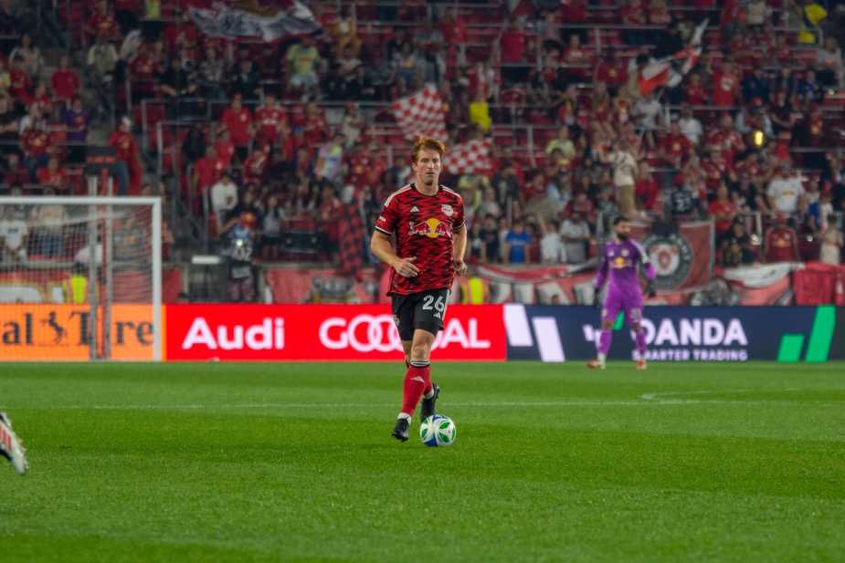 New York Red Bulls center-back Tim Parker controls the ball in midfield during the Red Bulls' 0-1 loss to FC Cincinnati at Sports Illustrated Stadium on October 4, 2025