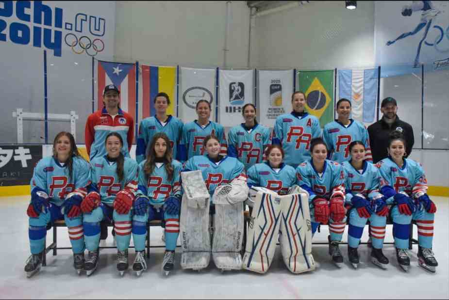 Puerto Rico women's hockey team poses for a team photo before competing at the IIHF Women's Development Cup 3x3 tournament at Fantasy Skate in Buenos Aires, Argentina, in November 2025