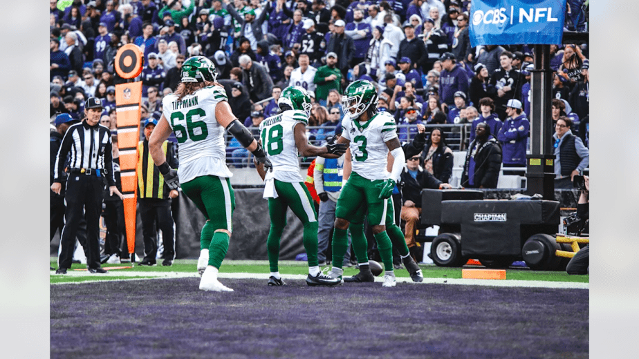 11/23/2025 M&T Bank Stadium, Baltimore, MD., John Metchie III Touchdown catch Mandatory Credit: New York Jets