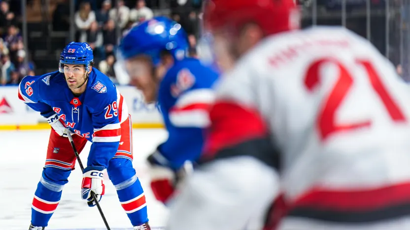 11/4/2025 Madison Square Garden, New York, NY Matthew Robertson on the face off. Mandatory Credit: New York Rangers