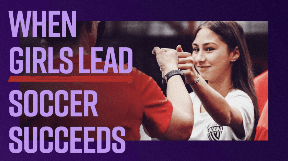 Female soccer referee in white jersey applauding with Canada Soccer Close the Gap campaign message When Girls Lead Soccer Succeeds