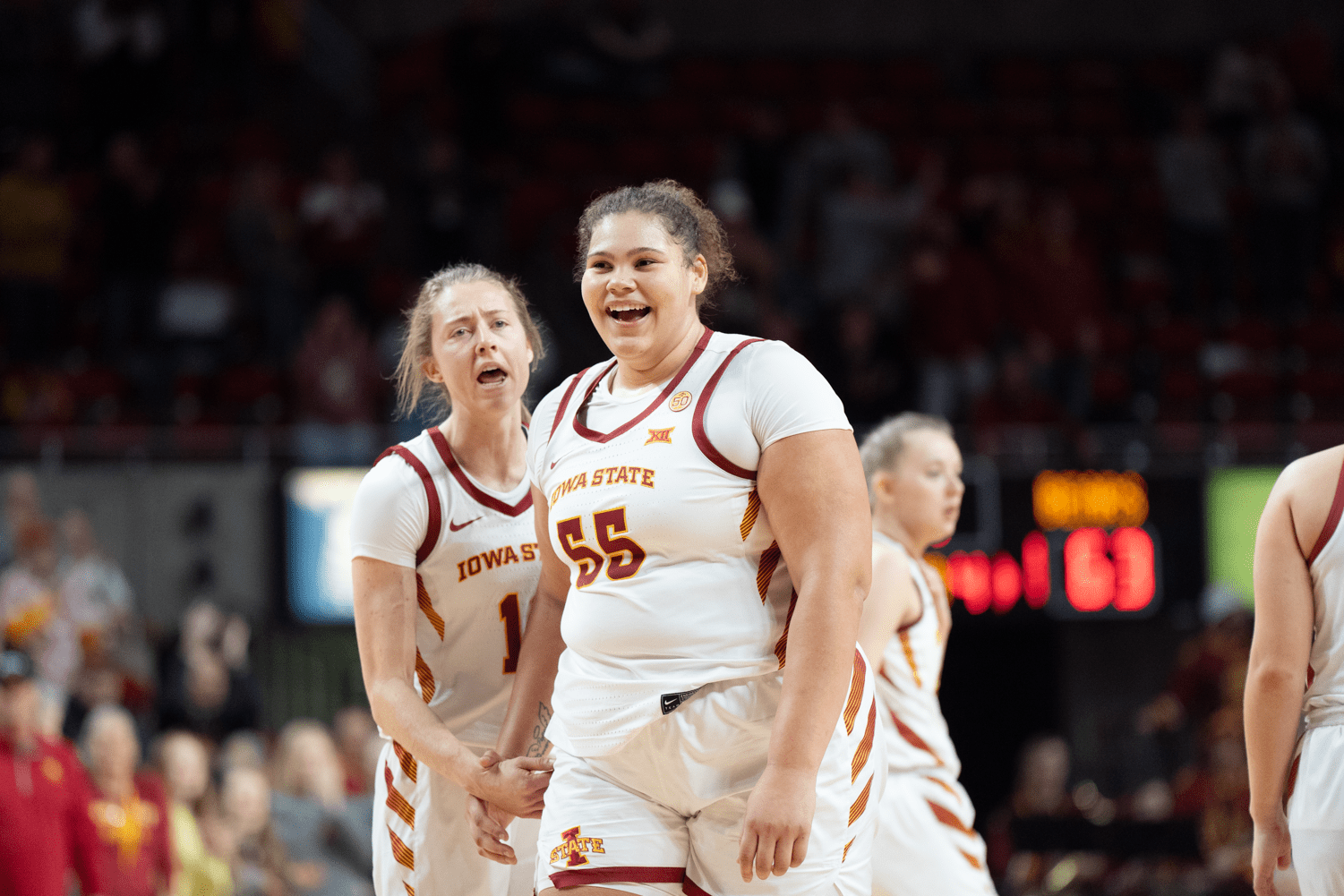 Iowa State Cyclones center Audi Crooks celebrates during women's basketball game at Hilton Coliseum in Ames