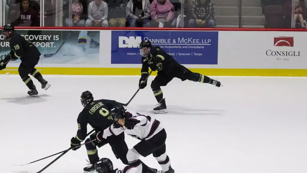 Army West Point forward Nils Forselius and linemates crash the net after shot on Bentley goaltender Nicholas Bevilacqua during 3-3 tie at Bentley Arena in Atlantic Hockey America action