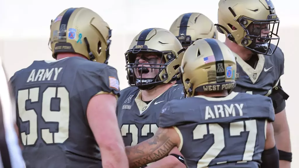 Army West Point football celebrates Jake Rendina career-high rushing performance during 14-13 victory over Temple at Michie Stadium November 2025