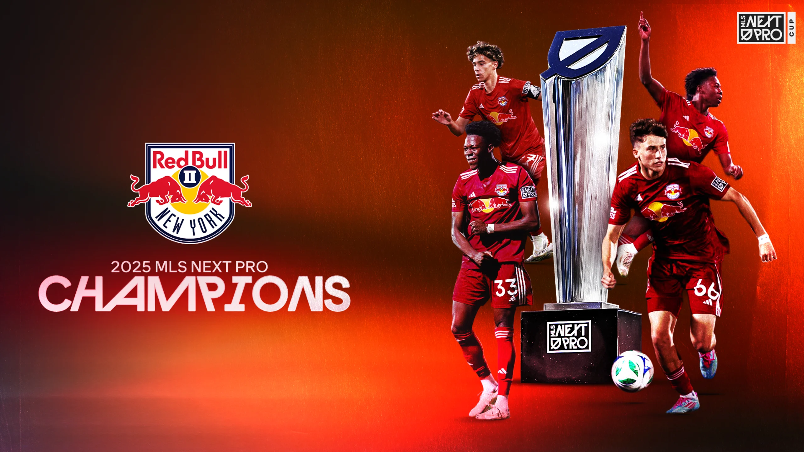 New York Red Bulls II players and staff celebrate with the 2025 MLS NEXT Pro Cup championship banner at Sports Illustrated Stadium in Harrison, NJ