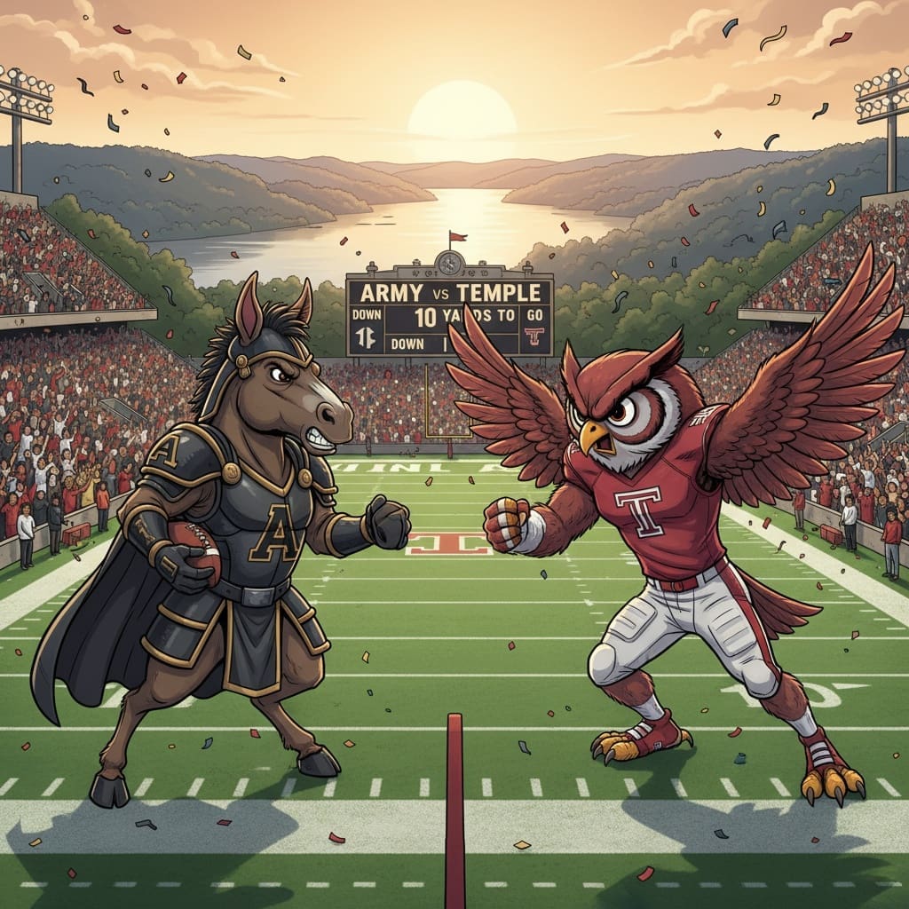 Army Black Knights mule mascot faces Temple Owls owl mascot at football stadium for AAC game preview at Michie Stadium