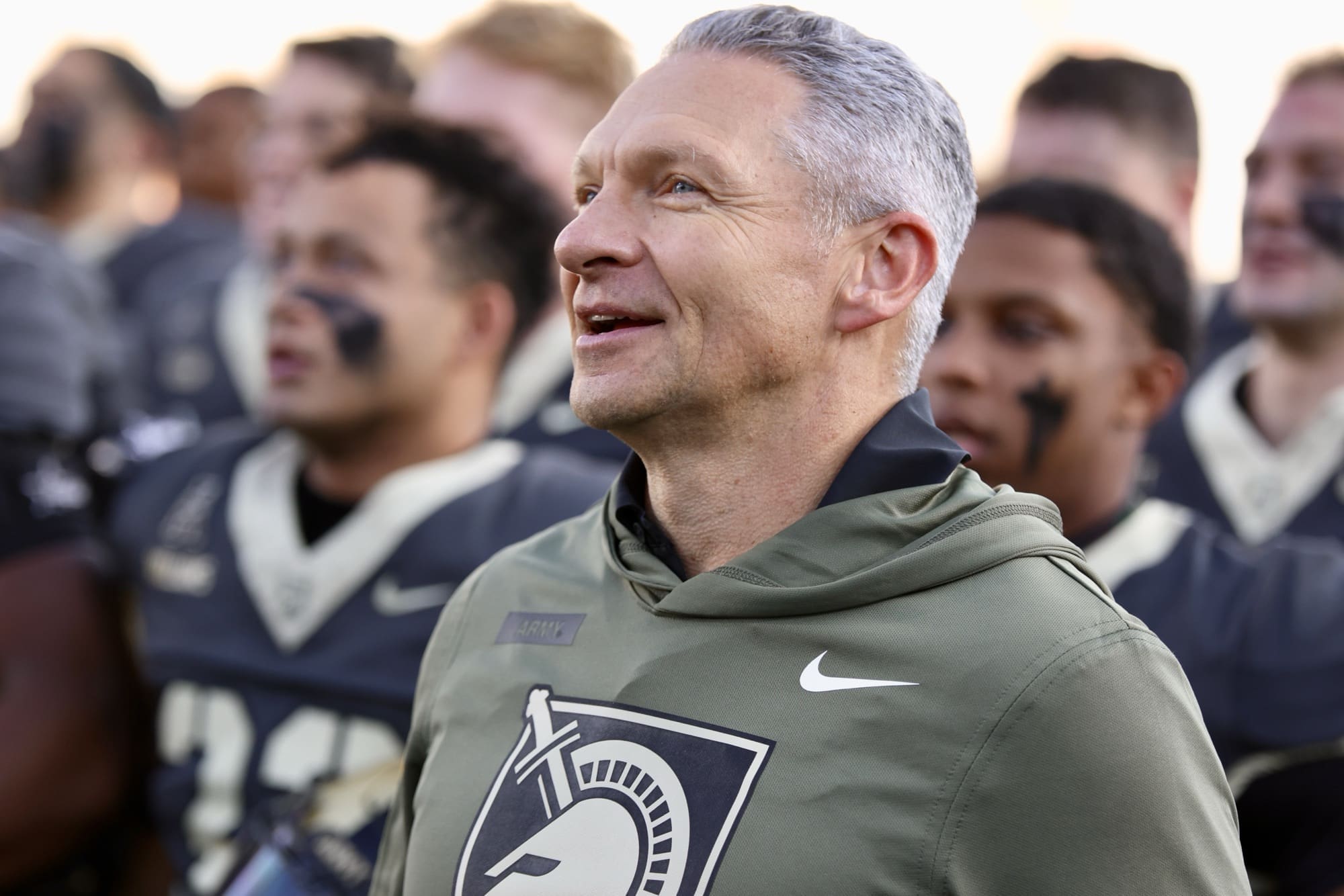 11/08/25, West Point , New York , Michie Stadium, Army head coach Jeff Monken sings the United States Military Academy alma mater following the victory over Temple Mandatory Credit: Jose Pichirilo. Bad Dawg Sports