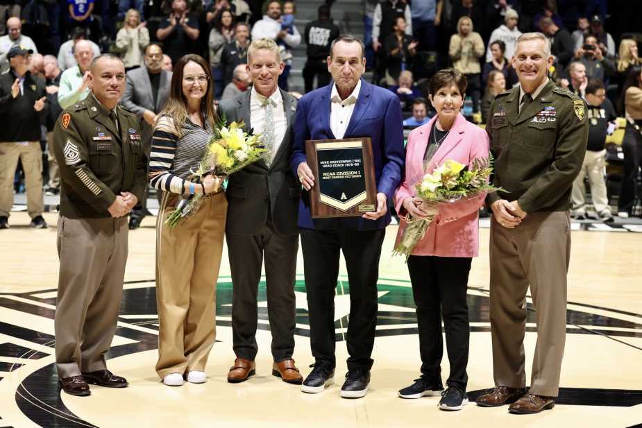 11/08/25, West Point , New York , Christl Arena, Mike Krzyzewski and his family are honored in a special pre-game ceremony before the Army vs. Duke matchup. Mandatory Credit: Bad Dawg Sports/Jose Pichirilo
