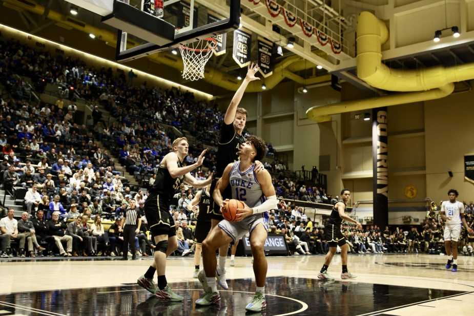 11/08/25, West Point , New York , Christl Arena, Duke Cameron Boozer #12 battles against Army’s Tate Laczkowski #32 on defense during the Army vs. Duke matchup. Mandatory Credit: Bad Dawg Sports/Jose Pichirilo