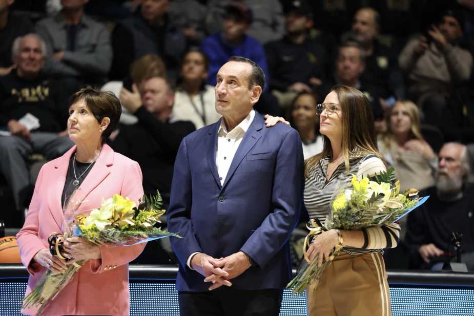 11/08/25, West Point , New York , Christl Arena, Mike Krzyzewski and his family take part in a pre-game ceremony during the Army vs. Duke matchup. Mandatory Credit: Bad Dawg Sports/Jose Pichirilo