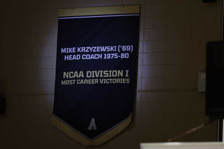 11/08/25, West Point , New York , Christl Arena, Mike Krzyzewski’s banner is raised to the rafters during the Army vs. Duke matchup. Mandatory Credit: Bad Dawg Sports/Jose Pichirilo