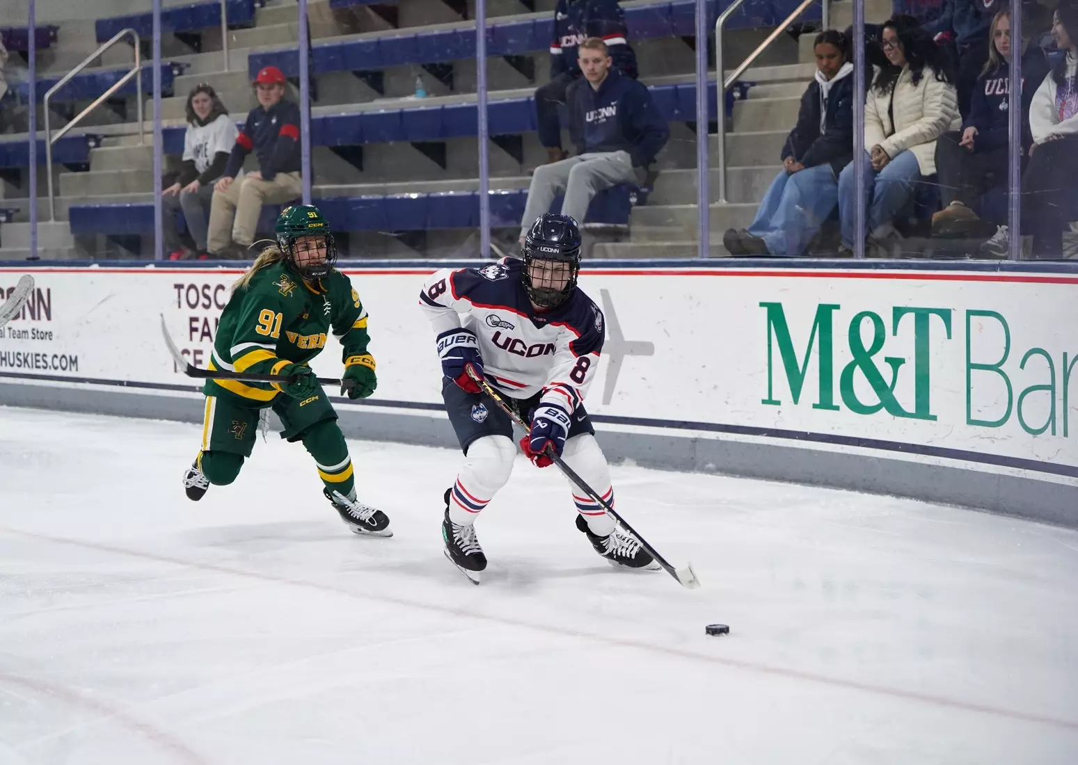 UConn Huskies junior forward Julia Pellerin number 8 celebrates hat trick goal against Vermont at Toscano Family Ice Forum in Storrs Connecticut