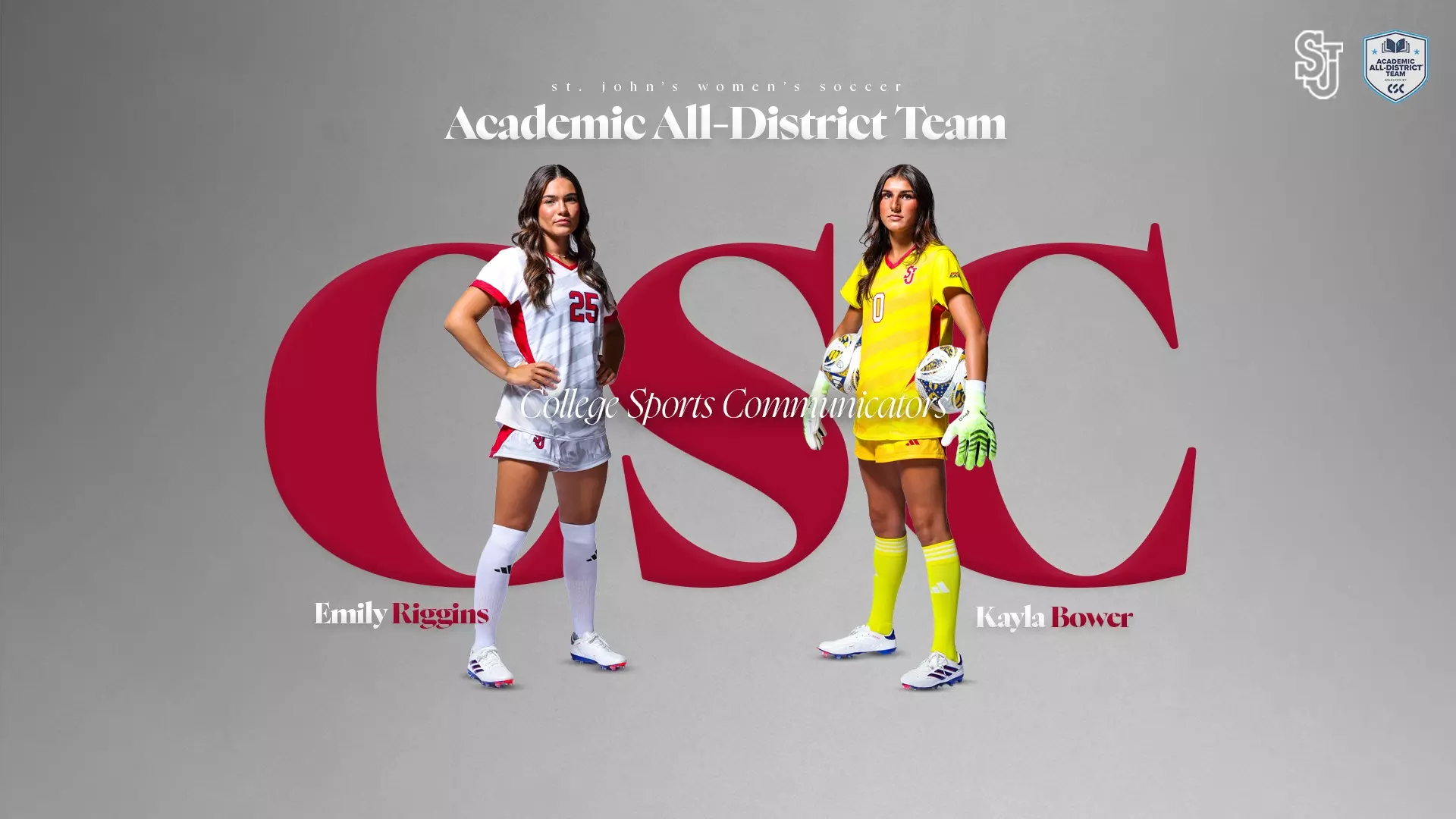 St. John's women's soccer senior captains Emily Riggins and Kayla Bower pose together in Red Storm uniforms during 2025 season at St. John's University, Queens, New York.