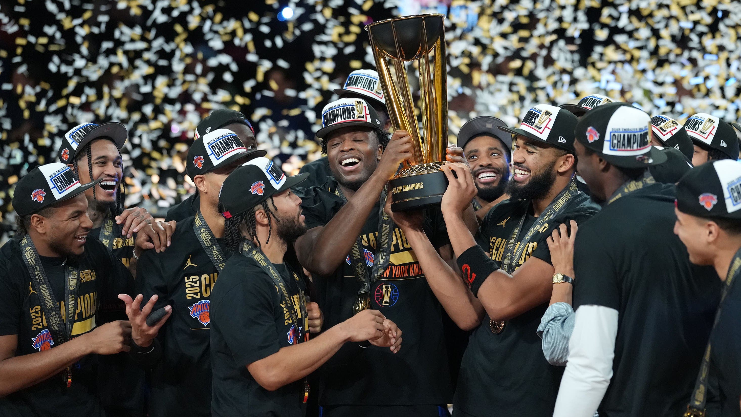 12/16/2025 T-Mobile Arena, Las Vegas, NV., The Knicks lift the Emirates NBA Cup. Mandatory Credit: SNY