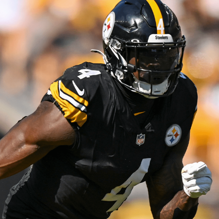 Pittsburgh Steelers wide receiver DK Metcalf in uniform during a game, wearing number 4 and a black helmet. Mandatory Credit: Pittsburgh Steelers