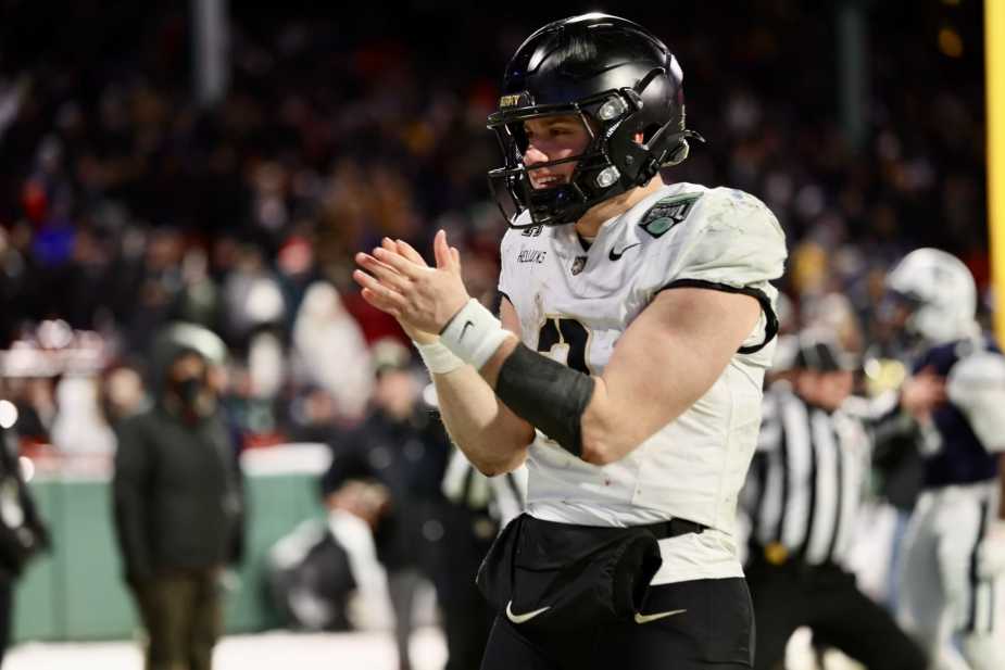 12/27/25, Boston, Massachusetts , Fenway, (#3) Cale Hellums of the Army Black Knights celebrates after rushing for a six-yard touchdown during the fourth quarter of the Wasabi Fenway Bowl. Mandatory Credit: Jose Pichirilo / Bad Dawg Sports