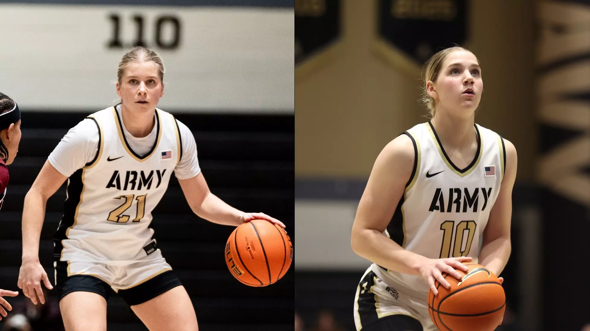 Army women’s basketball players in action: one dribbling and one preparing to shoot, both wearing white Army jerseys. Mandatory Credit: Army Athletics