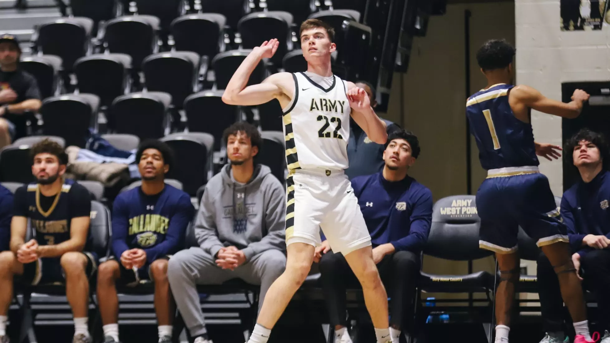 Army West Point guard Kevin McCarthy shoots a three-pointer during the Black Knights' program record-setting 111-53 victory over Gallaudet at Christl Arena on December 7, 2025.
