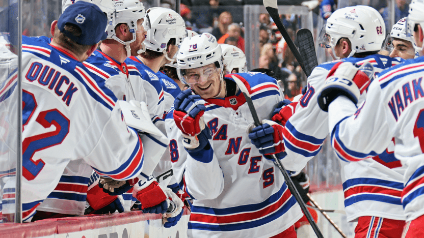 1/18/2025 Xfinity Mobile Arena, Philadelphia, PA., Brennan Othmann scores his first NHL Goal. Mandatory Credit: New York Rangers