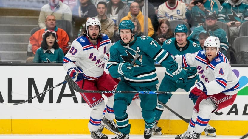 1/23/2026 SAP Center At San Jose, San Jose, CA., Mika Zibanejad skates for the puck. Mandatory Credit: New York Rangers