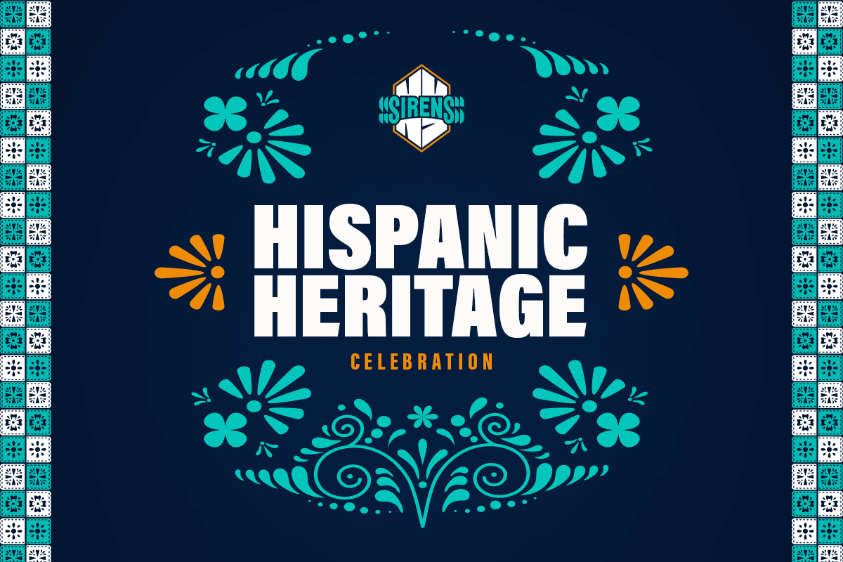 Graphic for the New York Sirens Hispanic Heritage Celebration, featuring bold white text, festive floral patterns in teal and orange, and the Sirens logo. Mandatory Credit: New York Sirens
