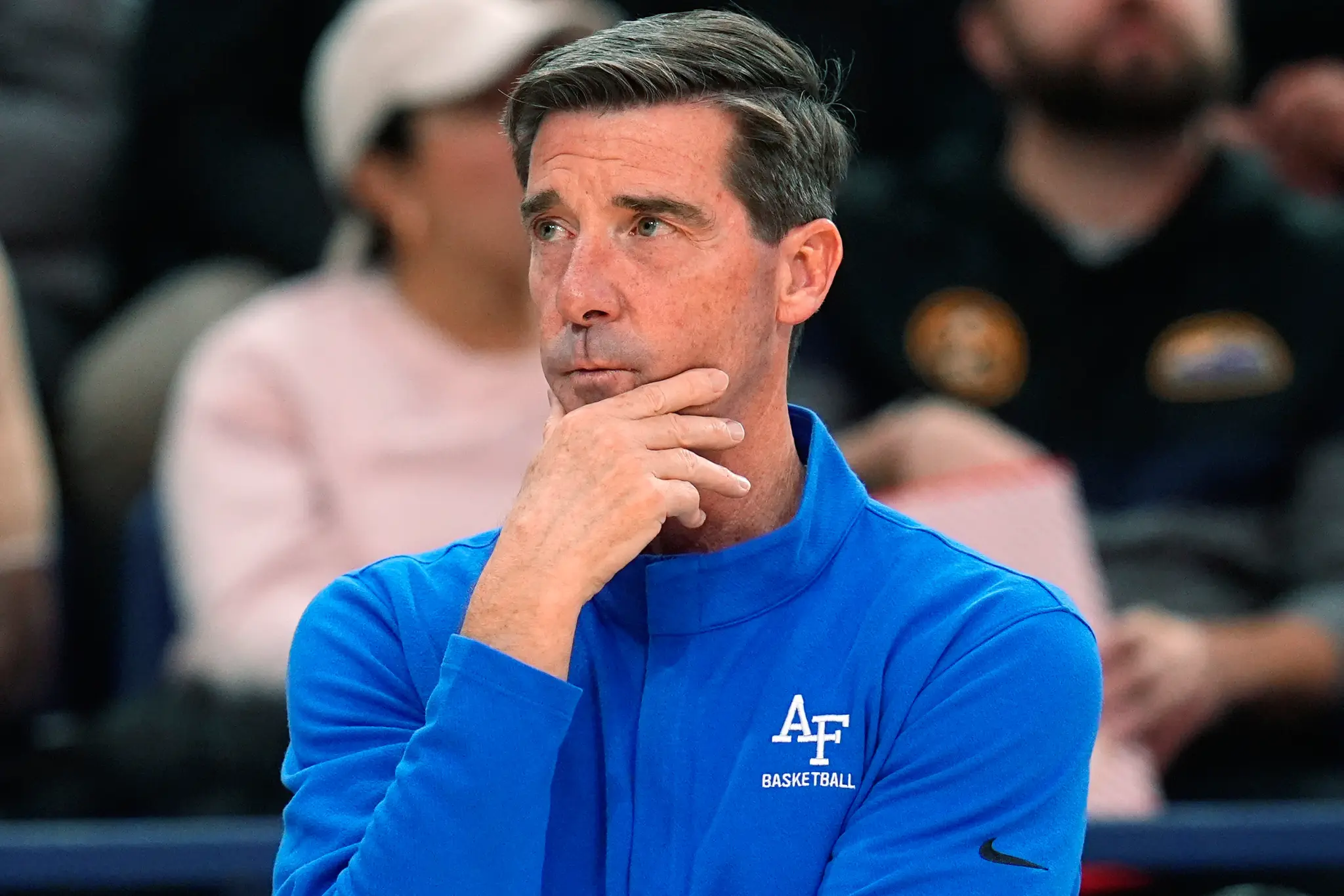 Air Force head coach Joe Scott watches from the sideline during the first half of an NCAA college basketball game at the Air Force Academy in Colorado Springs, Colorado, Feb. 6, 2024. Mandatory Credit: AP