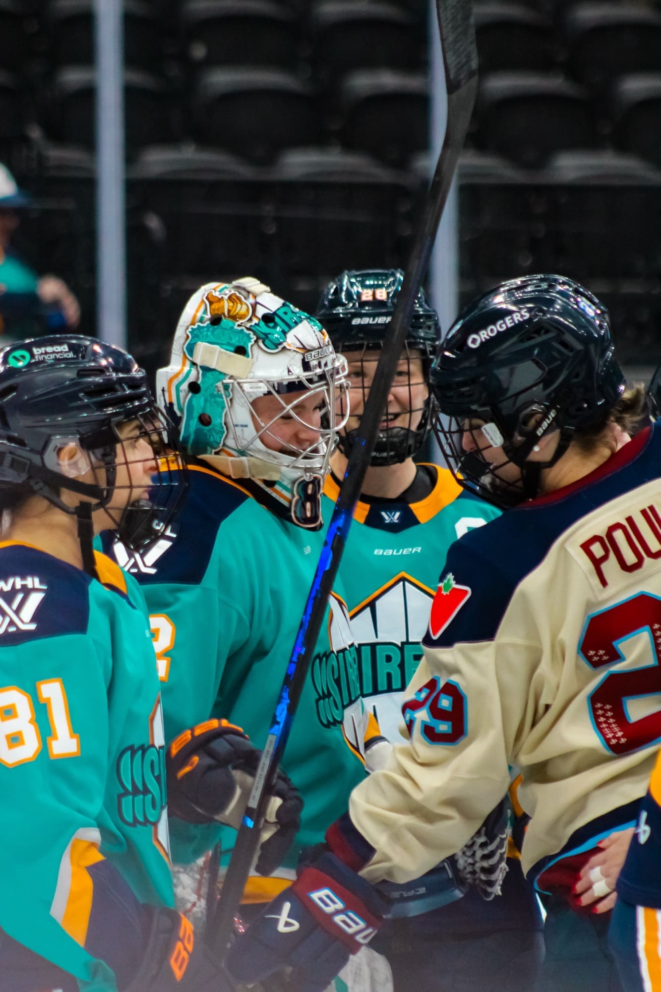 NY Sirens Goaltender Kayla Osborne and Montreal's star MPP having a nice chat after the game.