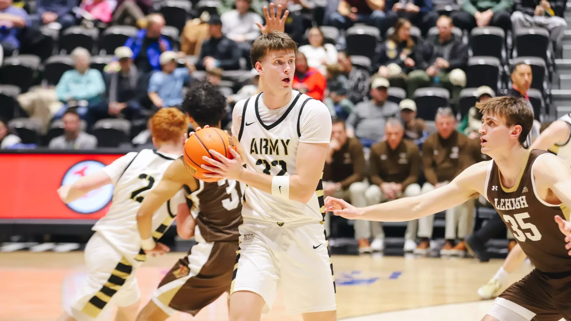 Army’s Tate Laczkowski controls the ball during Army West Point’s game vs. Lehigh at Christl Arena.