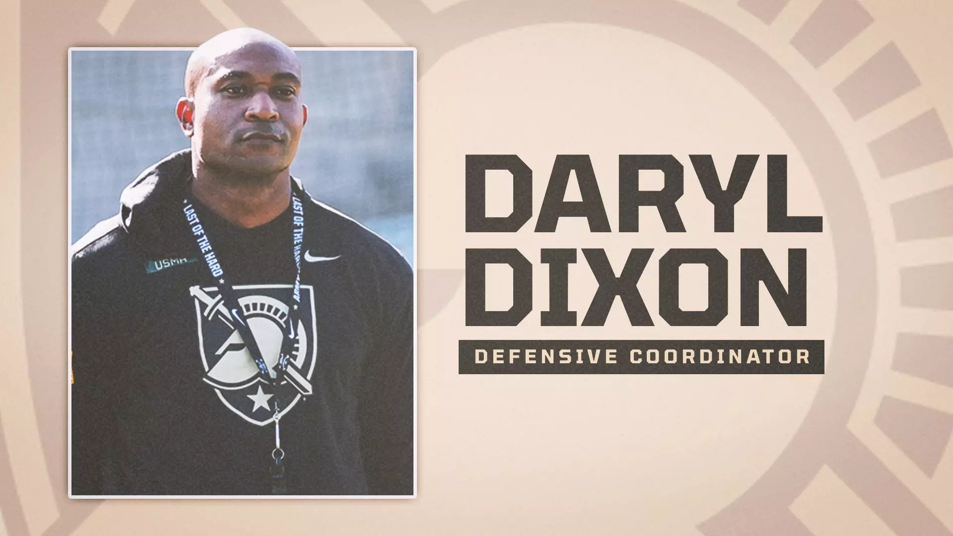 Portrait of Army Black Knights Defensive Coordinator Daryl Dixon, wearing team apparel and a whistle, with his name and title displayed beside him. Mandatory Credit: Army Athletics