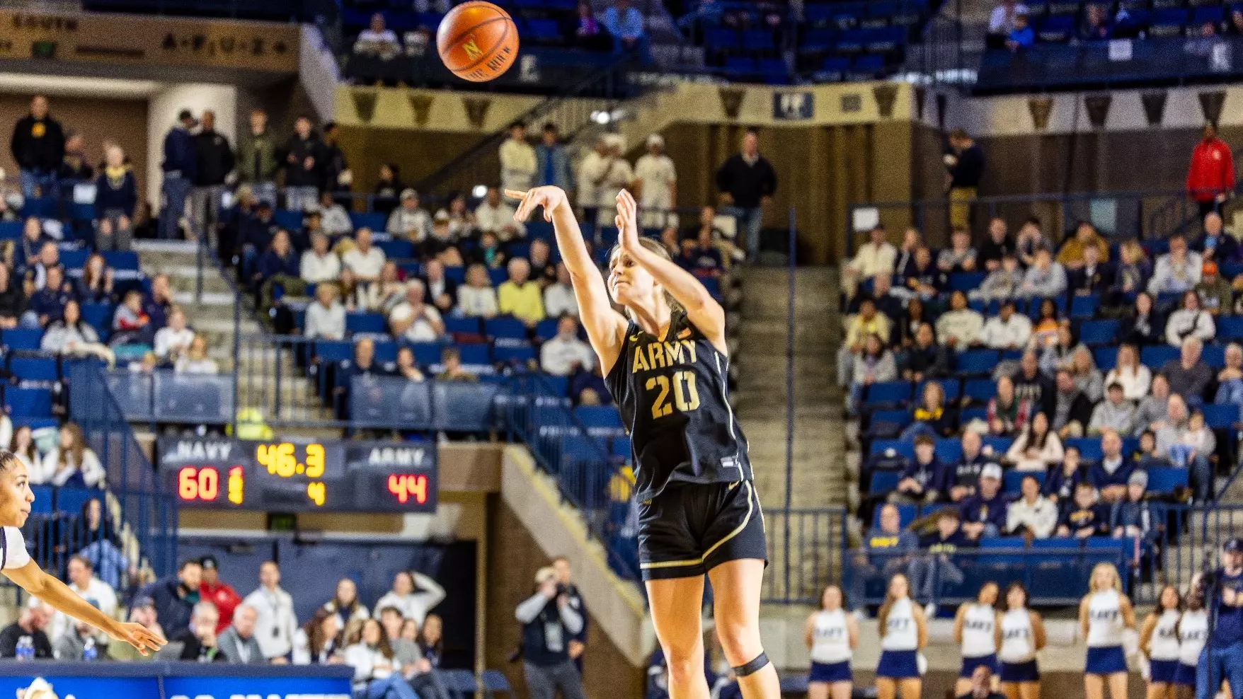 Army West Point guard Camryn Tade (#20) rises and hits a deep three-pointer during a game at Lehigh.
