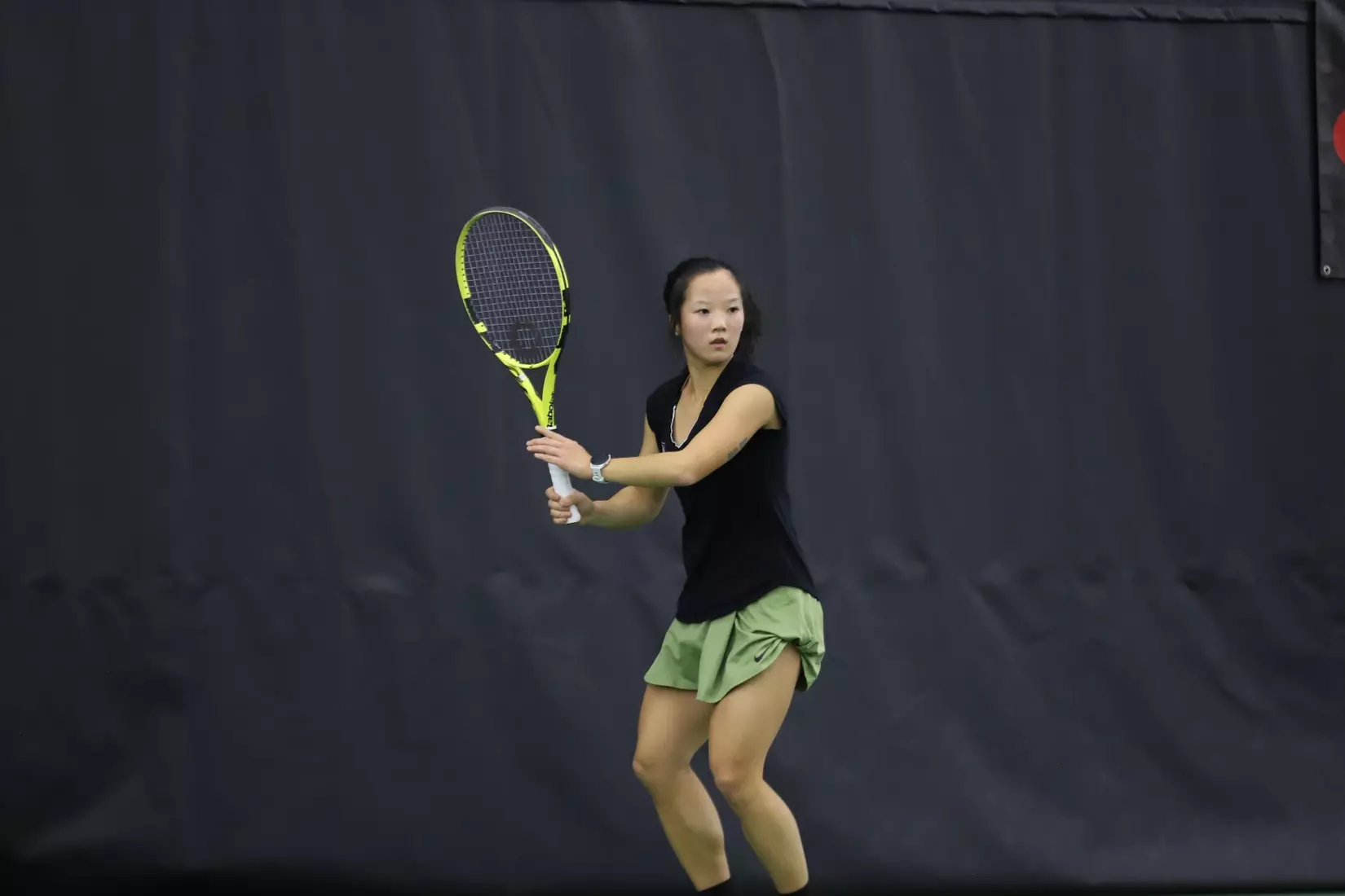 Army West Point women’s tennis player Emma Sy prepares to return a shot during the Black Knights’ comeback win over Stony Brook at West Point.