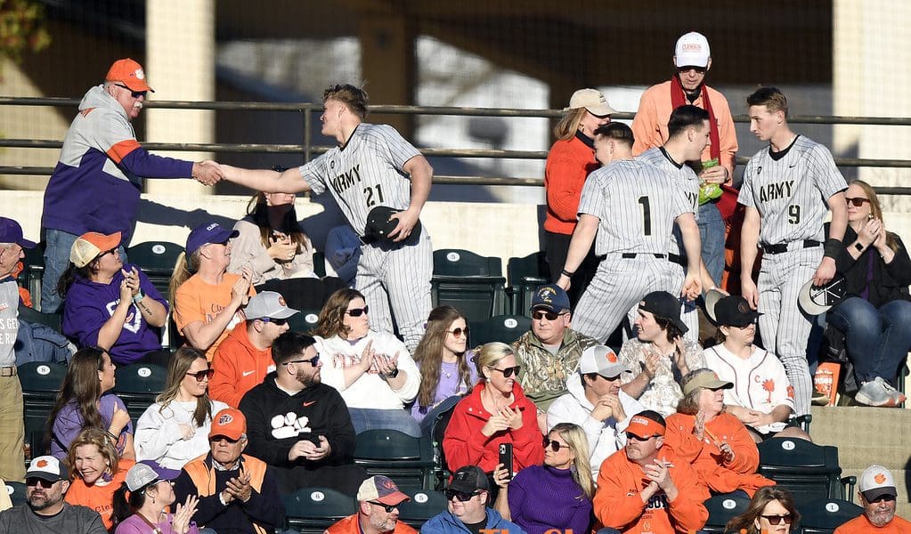 Army Black Knights players shake hands with military veterans between innings during Clemson’s Weekend of Heroes at Doug Kingsmore Stadium on Feb. 13, 2026. Bart Boatwright/The Clemson Insider.