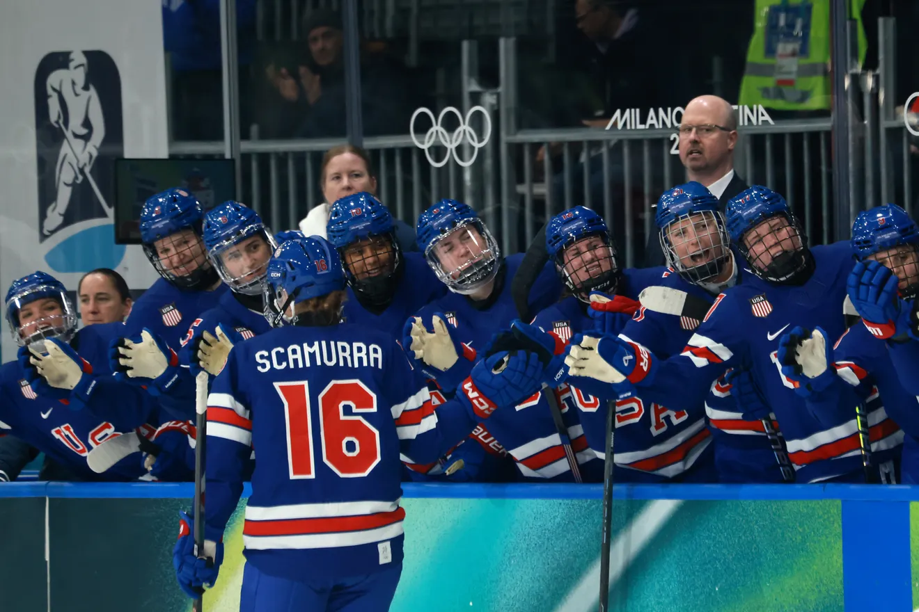 Team USA forward Hayley Scamurra celebrates with teammates after scoring in the second period against Czechia in Group A preliminary-round play.
