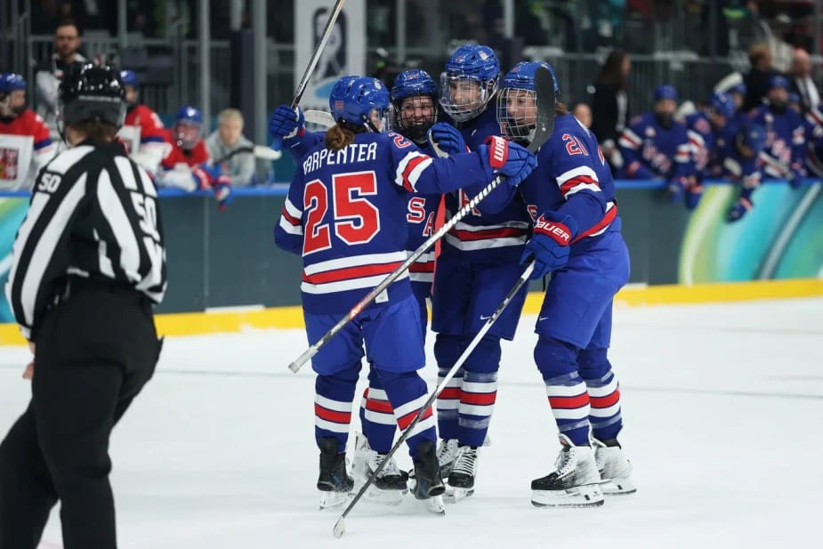 Team USA forward Alex Carpenter celebrates her first-period goal with teammates during the Women’s Preliminary Round Group A game vs. Czechia.