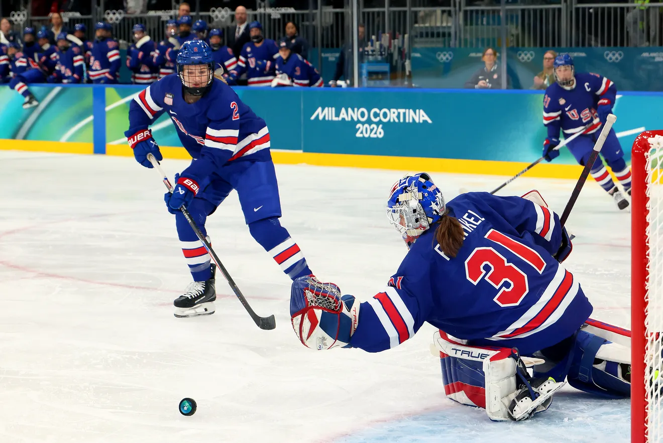 Team USA goalie Aerin Frankel makes a first-period save against Finland during the Milano Cortina 2026 Olympic women’s hockey preliminary round.