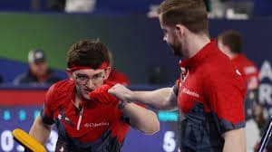 2/15/2026 Olympic curling Arena, Cortina Bay, Italy, Aiden Oldenburg and Luc Violette get a big hit on the sheet. Mandatory Credit: NBC Chicago Through Getty Images
