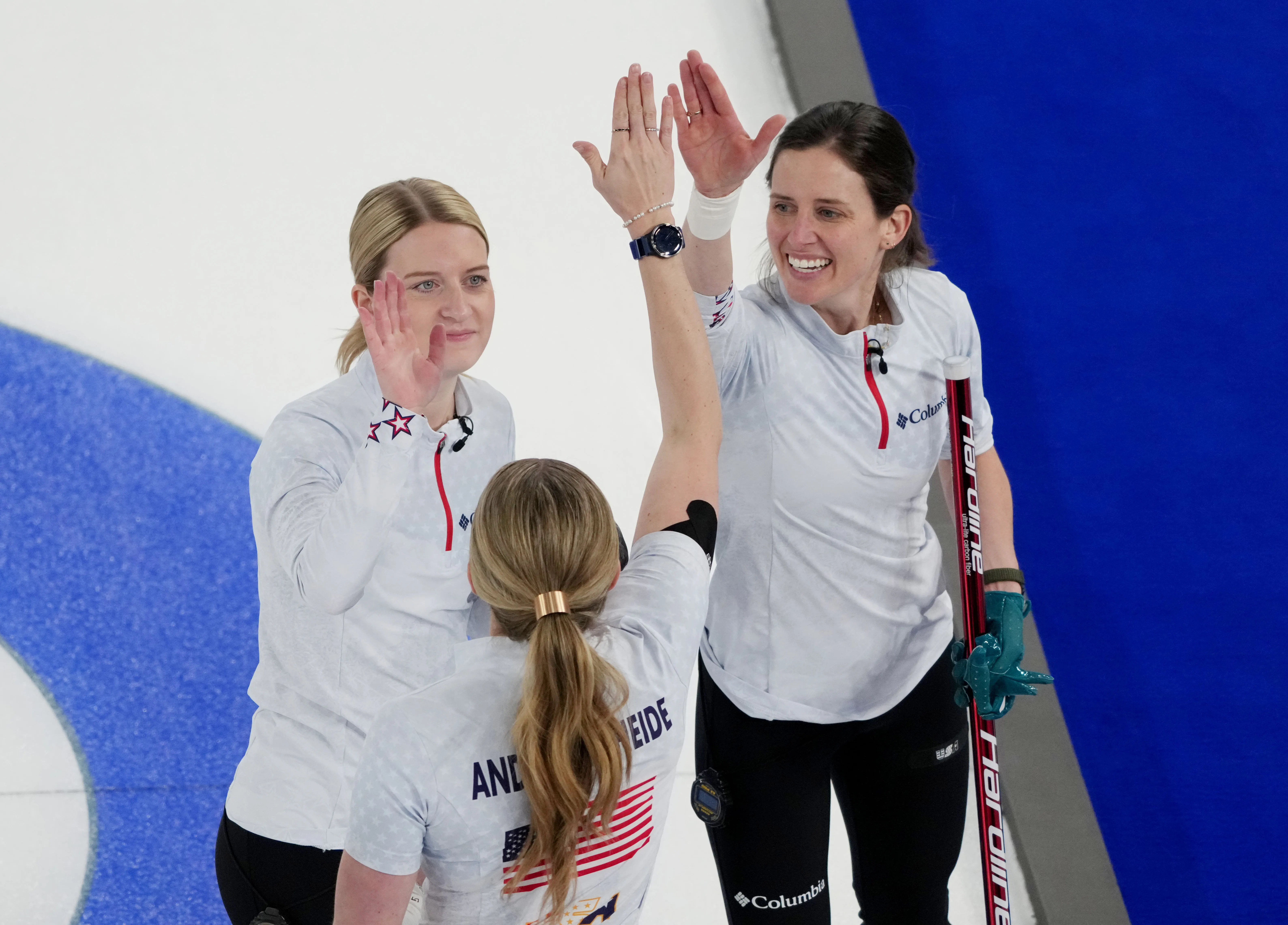 2/17/2026 Olympic Curling Arena, Cortina Bay, Italy, Cory Thiesse celebrates the win over Denmark. Mandatory Credit: NBC Philadelphia Through Getty Images