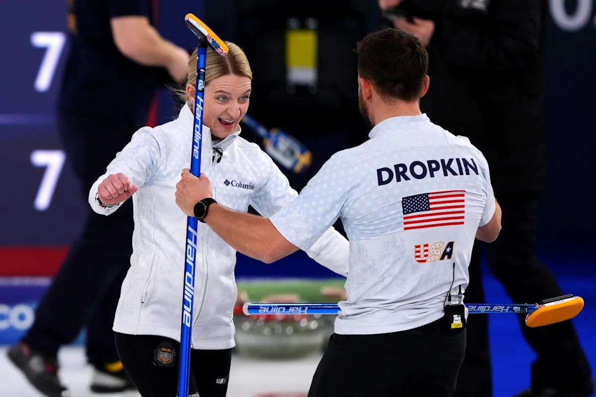 2/8/2026 Olympic curling House, Cortina Bay, Italy, Cory Thiesse & Korey Dropkin celebrates qualifying for the semi-Finals. Mandatory Credit: Yahoo Sports Through Getty Images